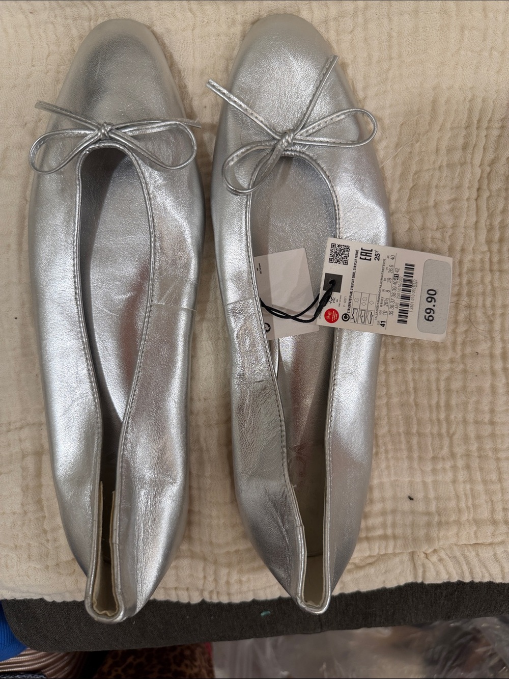 Zara Silver Metallic Ballet Flats with Bow Accent
